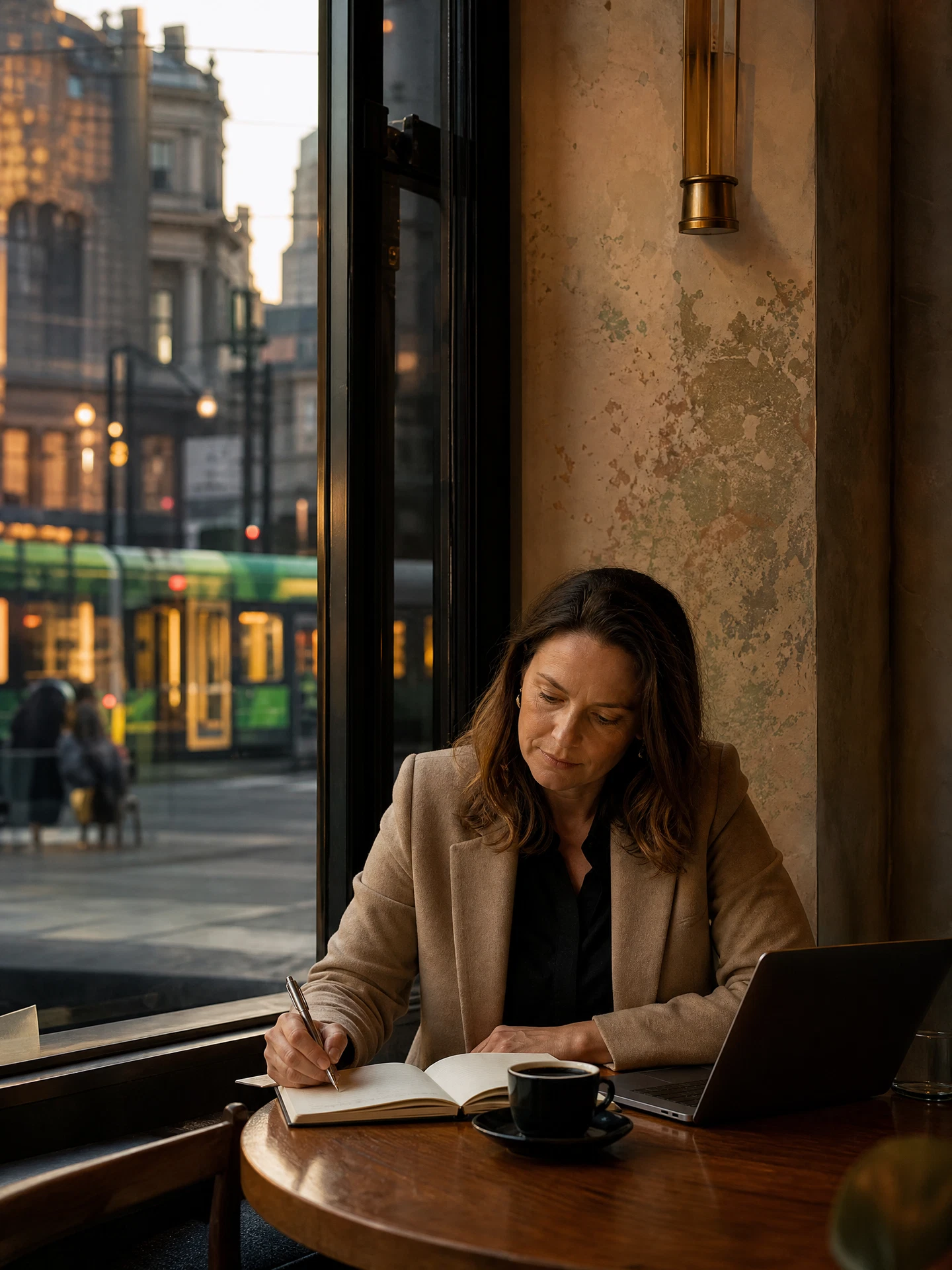 Professional planning career goals with a notebook at a Melbourne café